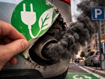 IMAGE: A hand peels off a green eco sticker from the back of a car, revealing a dirty exhaust pipe emitting thick black smoke in a city street setting