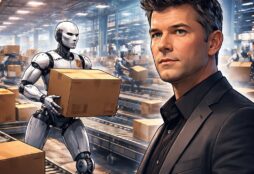 IMAGE: Illustration of a tech entrepreneur that looks like an idealized version of Travis Kalanick, watching robots move boxes in a futuristic warehouse filled with conveyor belts