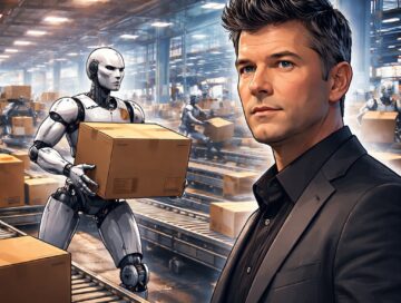 IMAGE: Illustration of a tech entrepreneur that looks like an idealized version of Travis Kalanick, watching robots move boxes in a futuristic warehouse filled with conveyor belts
