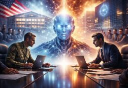IMAGE: Two executives sit across a table with laptops as a glowing humanoid AI figure rises between them, symbolizing a high-stakes power struggle over control of artificial intelligence