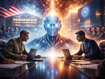 IMAGE: Two executives sit across a table with laptops as a glowing humanoid AI figure rises between them, symbolizing a high-stakes power struggle over control of artificial intelligence
