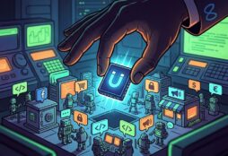 IMAGE: A gigantic hand placing a glowing chip onto a miniature circuit board bustling with tiny robots, representing Meta’s acquisition of an autonomous agent network