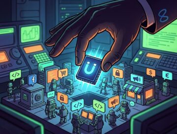 IMAGE: A gigantic hand placing a glowing chip onto a miniature circuit board bustling with tiny robots, representing Meta’s acquisition of an autonomous agent network