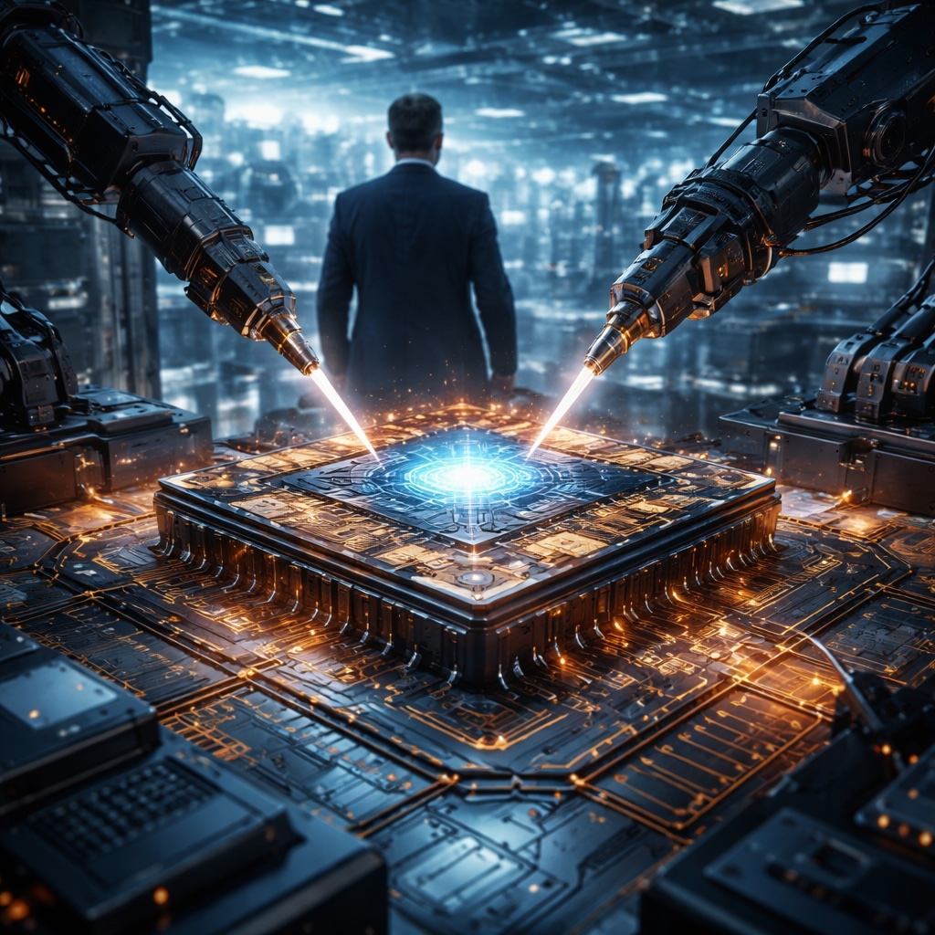 IMAGE: A futuristic semiconductor factory where robotic arms with lasers engrave a glowing AI chip, while a lone figure in a suit resembling Elon Musk observes, symbolizing control over advanced technology