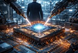 IMAGE: A futuristic semiconductor factory where robotic arms with lasers engrave a glowing AI chip, while a lone figure in a suit resembling Elon Musk observes, symbolizing control over advanced technology