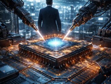 IMAGE: A futuristic semiconductor factory where robotic arms with lasers engrave a glowing AI chip, while a lone figure in a suit resembling Elon Musk observes, symbolizing control over advanced technology