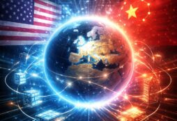 IMAGE: A glowing globe centered on Europe connects through luminous data lines to symbolic US and Chinese flags, with microchips and servers orbiting around it in a high-contrast blue and red digital landscape