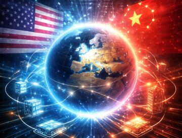IMAGE: A glowing globe centered on Europe connects through luminous data lines to symbolic US and Chinese flags, with microchips and servers orbiting around it in a high-contrast blue and red digital landscape