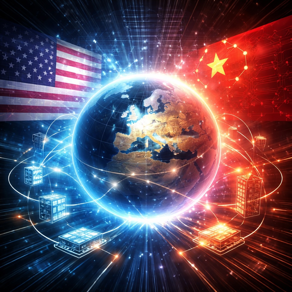 IMAGE: A glowing globe centered on Europe connects through luminous data lines to symbolic US and Chinese flags, with microchips and servers orbiting around it in a high-contrast blue and red digital landscape