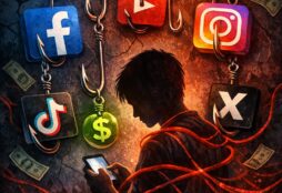 IMAGE: A teenager is trapped by social media logos hanging like fishhooks over a glowing phone