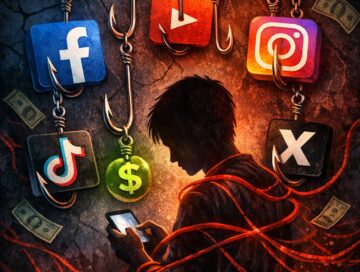 IMAGE: A teenager is trapped by social media logos hanging like fishhooks over a glowing phone