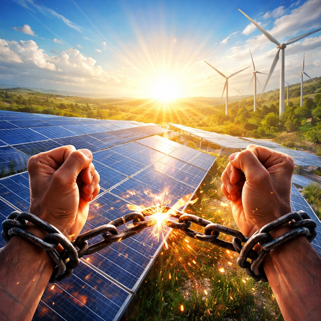IMAGE: Hands breaking chains in front of solar panels and wind turbines under a bright sun, symbolizing energy independence