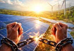 IMAGE: Hands breaking chains in front of solar panels and wind turbines under a bright sun, symbolizing energy independence