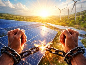 IMAGE: Hands breaking chains in front of solar panels and wind turbines under a bright sun, symbolizing energy independence