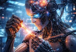 IMAGE: A humanoid robot in a futuristic lab carefully repairs its own internal circuits, symbolizing self-improving artificial intelligence