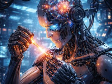 IMAGE: A humanoid robot in a futuristic lab carefully repairs its own internal circuits, symbolizing self-improving artificial intelligence