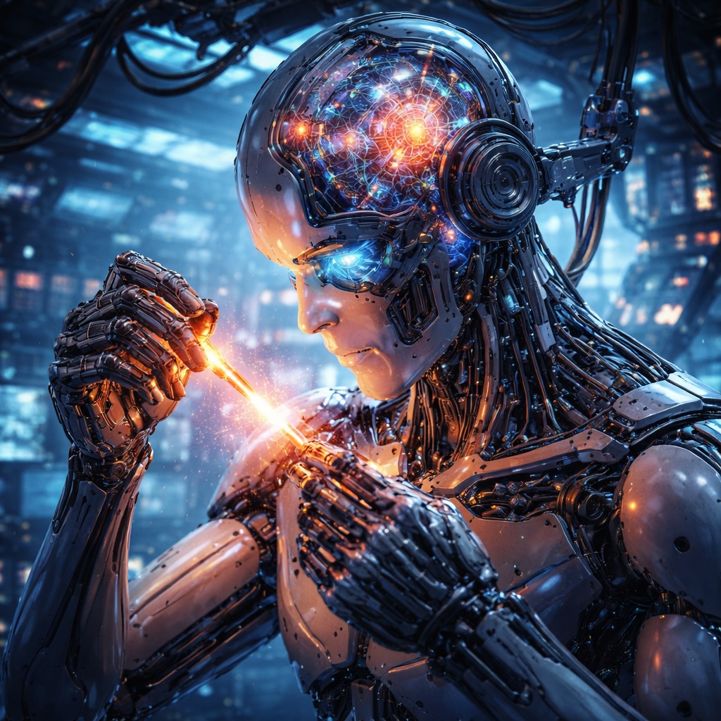 IMAGE: A humanoid robot in a futuristic lab carefully repairs its own internal circuits, symbolizing self-improving artificial intelligence