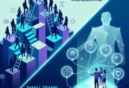 IMAGE: A square image shows two business models: on the left, silhouetted crowds laboriously climb a rigid, hierarchical step structure, with a text reading LARGE TEAMS, RIGID STRUCTURE, INCREMENTAL. On the right, a tiny team orchestrates floating, glowing icons from an interconnected platform. Behind them, a translucent giant's outline visualizes their amplified capacity, with a text that reads SMALL TEAMS, AGILE NETWORK, LEVERAGE