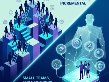 IMAGE: A square image shows two business models: on the left, silhouetted crowds laboriously climb a rigid, hierarchical step structure, with a text reading LARGE TEAMS, RIGID STRUCTURE, INCREMENTAL. On the right, a tiny team orchestrates floating, glowing icons from an interconnected platform. Behind them, a translucent giant's outline visualizes their amplified capacity, with a text that reads SMALL TEAMS, AGILE NETWORK, LEVERAGE