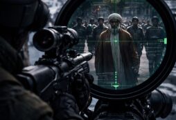 IMAGE: A sniper’s high-tech scope locks onto a political figure walking through a crowded city street, symbolizing AI-driven targeted warfare
