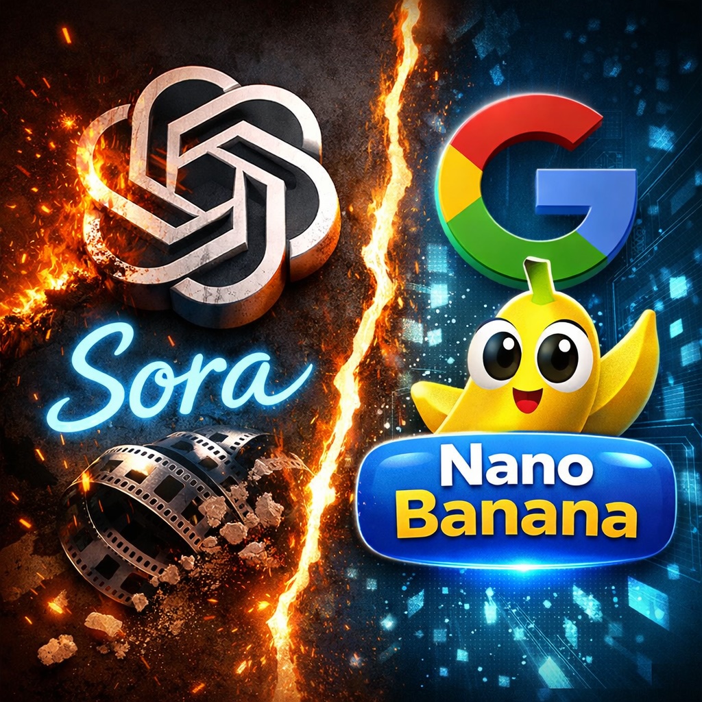 IMAGE: Split image showing OpenAI's Sora logo burning and breaking apart on one side, while Google's colorful logo and a cheerful banana mascot glow on the other, symbolizing a shift in AI video dominance 