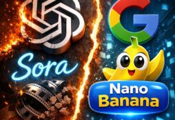 IMAGE: Split image showing OpenAI’s Sora logo burning and breaking apart on one side, while Google’s colorful logo and a cheerful banana mascot glow on the other, symbolizing a shift in AI video dominance