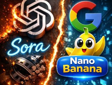 IMAGE: Split image showing OpenAI’s Sora logo burning and breaking apart on one side, while Google’s colorful logo and a cheerful banana mascot glow on the other, symbolizing a shift in AI video dominance