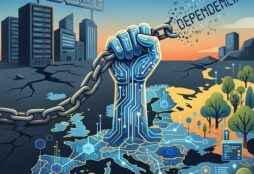 IMAGE: A powerful, circuit-board fist rises from a map of Europe, shattering a heavy chain that spells out "DEPENDENCIA." In the dark background, a cracked Silicon Valley skyline and broken sign signal the end of passive reliance, while bright, green digital growth flourishes below