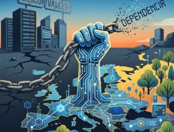IMAGE: A powerful, circuit-board fist rises from a map of Europe, shattering a heavy chain that spells out "DEPENDENCIA." In the dark background, a cracked Silicon Valley skyline and broken sign signal the end of passive reliance, while bright, green digital growth flourishes below