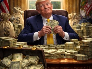 IMAGE: A stylized illustration of the US president sitting at the Oval Office desk, smiling while holding cash, surrounded by piles of dollar bills and money bags, symbolizing corruption and personal enrichment in power