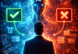 IMAGE: A person stands before an AI figure displaying approval and rejection symbols, suggesting evaluation or judgment.