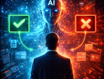 IMAGE: A person stands before an AI figure displaying approval and rejection symbols, suggesting evaluation or judgment.