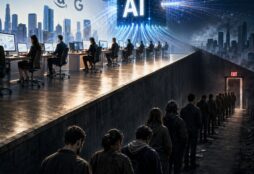 IMAGE: A futuristic office powered by a glowing AI core contrasts sharply with a dark line of laid-off workers descending toward an exit, symbolizing inequality in the AI era
