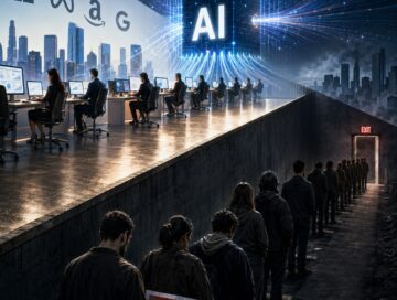 IMAGE: A futuristic office powered by a glowing AI core contrasts sharply with a dark line of laid-off workers descending toward an exit, symbolizing inequality in the AI era