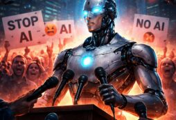 IMAGE: A humanoid robot addresses a crowd at a podium while protesters behind it hold anti-AI signs, with surveillance drones overhead in a futuristic city