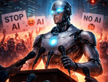 IMAGE: A humanoid robot addresses a crowd at a podium while protesters behind it hold anti-AI signs, with surveillance drones overhead in a futuristic city