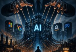 IMAGE: A dark, futuristic scene where a giant unseen figure controls a glowing AI data center like a puppet, towering over people and industrial infrastructure