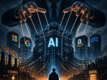 IMAGE: A dark, futuristic scene where a giant unseen figure controls a glowing AI data center like a puppet, towering over people and industrial infrastructure