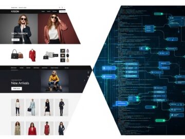 IMAGE: The image illustrates the concept of the "dual-interface web." It is split into two halves: the left side shows a stylish, colorful fashion website designed for human eyes, featuring high-quality photography and shopping buttons. The right side shows a digital, structured blueprint of the same site, made of glowing data nodes and code protocols intended for AI agents. The two sides blend together, showing how the web is evolving to serve both people and machines simultaneously