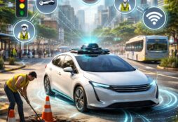 IMAGE: A white autonomous car navigating a modern city street while detecting a pothole being repaired, surrounded by visual indicators of sensors, connectivity, and urban infrastructure