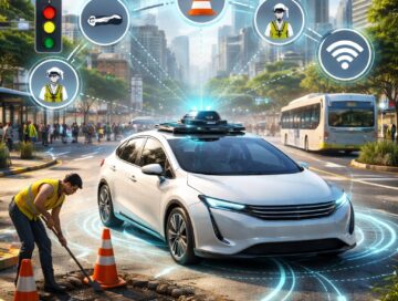 IMAGE: A white autonomous car navigating a modern city street while detecting a pothole being repaired, surrounded by visual indicators of sensors, connectivity, and urban infrastructure
