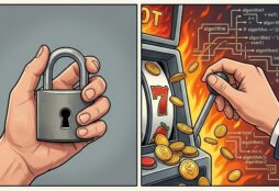 IMAGE: A square split-panel illustration comparing approaches to regulating digital platforms. The left panel shows a person holding a large padlock, representing restriction. The right panel depicts a hand pulling the lever of a slot machine with coins and digital code flowing out, representing algorithmic triggers