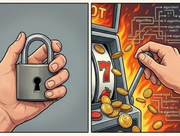 IMAGE: A square split-panel illustration comparing approaches to regulating digital platforms. The left panel shows a person holding a large padlock, representing restriction. The right panel depicts a hand pulling the lever of a slot machine with coins and digital code flowing out, representing algorithmic triggers