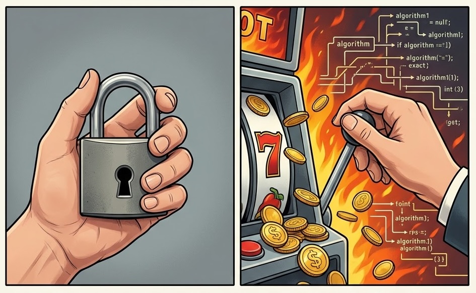 IMAGE: A square split-panel illustration comparing approaches to regulating digital platforms. The left panel shows a person holding a large padlock, representing restriction. The right panel depicts a hand pulling the lever of a slot machine with coins and digital code flowing out, representing algorithmic triggers