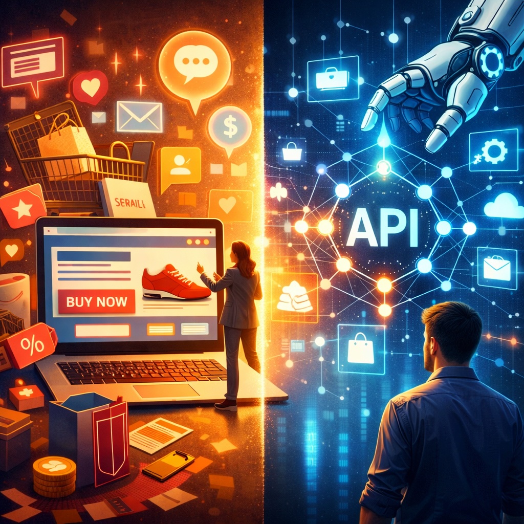 IMAGE: A split image contrasts a traditional online shopping scene on one side with a futuristic AI-driven network on the other, where a robotic hand interacts with connected data, symbolizing the shift from human interfaces to machine-mediated commerce 