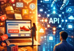 IMAGE: A split image contrasts a traditional online shopping scene on one side with a futuristic AI-driven network on the other, where a robotic hand interacts with connected data, symbolizing the shift from human interfaces to machine-mediated commerce