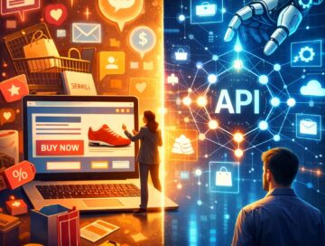 IMAGE: A split image contrasts a traditional online shopping scene on one side with a futuristic AI-driven network on the other, where a robotic hand interacts with connected data, symbolizing the shift from human interfaces to machine-mediated commerce