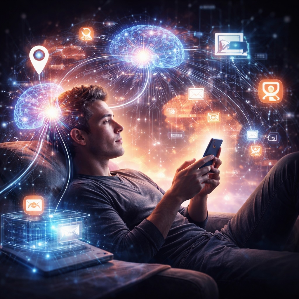 IMAGE: A man relaxes while using his smartphone as glowing digital networks connect his brain to icons representing search, navigation, and communication, symbolizing outsourced thinking