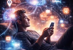 IMAGE: A man relaxes while using his smartphone as glowing digital networks connect his brain to icons representing search, navigation, and communication, symbolizing outsourced thinking