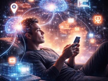 IMAGE: A man relaxes while using his smartphone as glowing digital networks connect his brain to icons representing search, navigation, and communication, symbolizing outsourced thinking